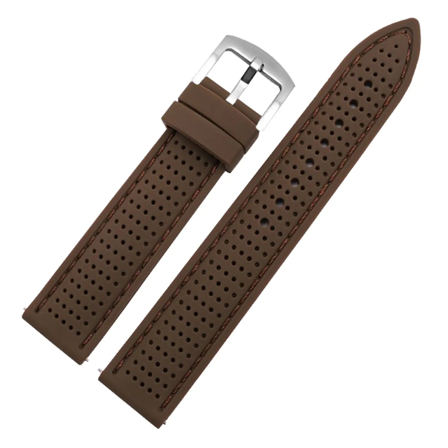 Braunes perforiertes Leder-Uhrenarmband mit schnallenartigem Verschluss in Silberton, kompatibel mit 20 mm, 22 mm, 24 mm Schnellverschluss-Silikon-Uhrenarmbändern