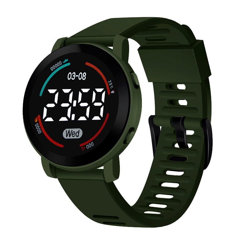 Olive green girls digital sports watch with a black face white numerals and waterproof led wristwatch features.