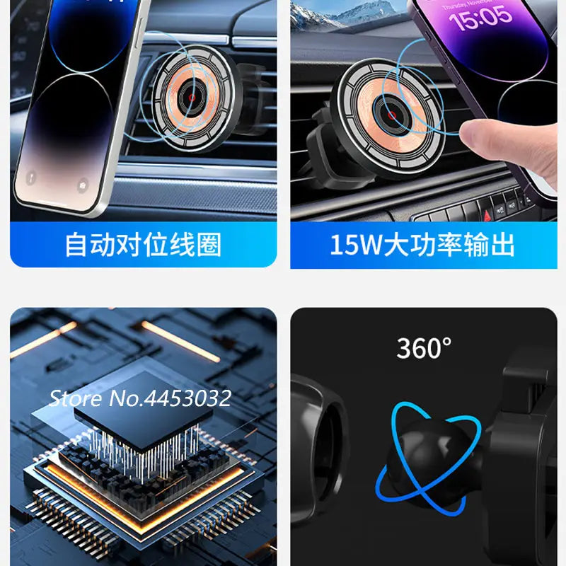 Audi A6 C7 A7向けの黒い円形ワイヤレス充電器で、磁気吸着設計および15W出力により効率的なワイヤレス充電機能を備えています