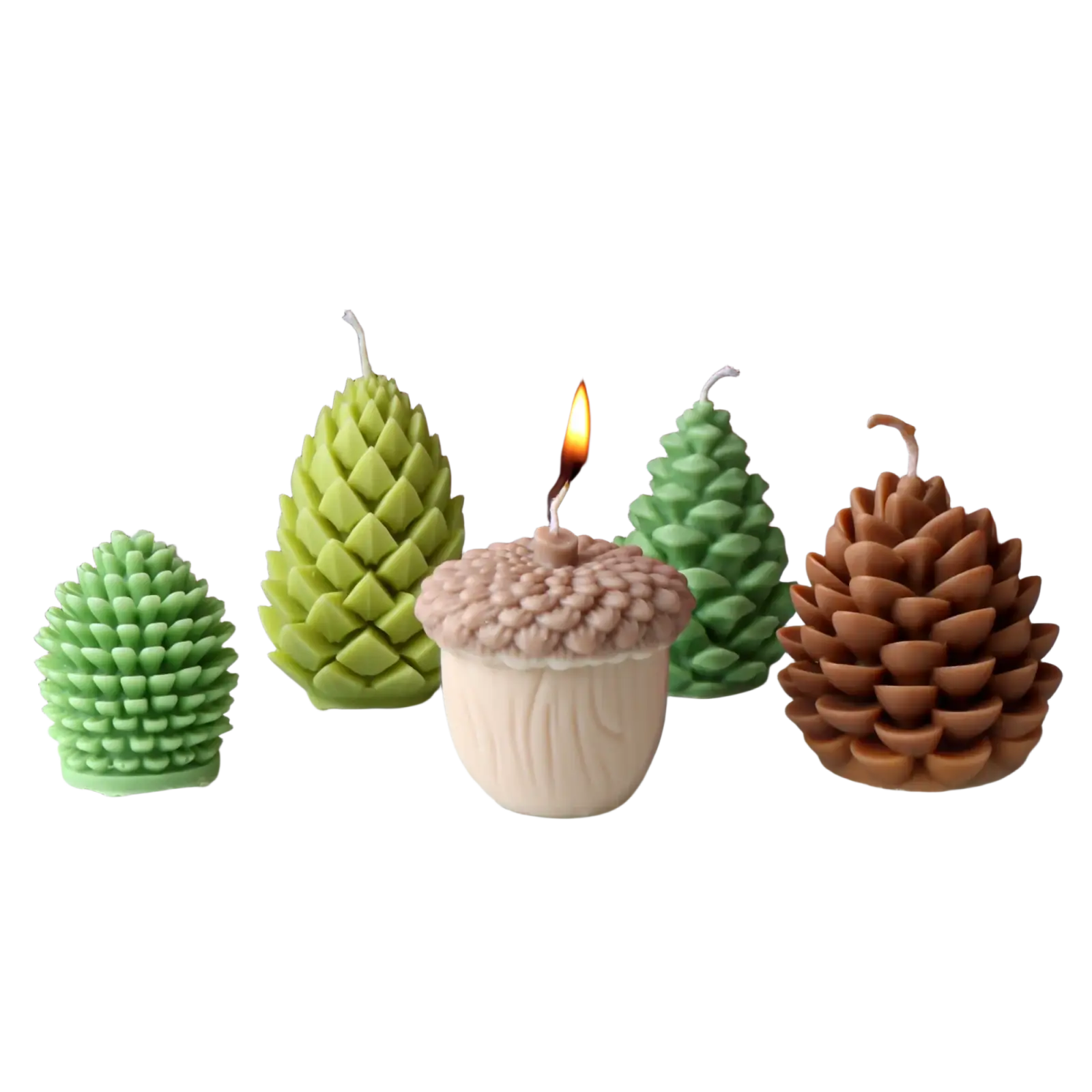 A lit beige and brown acorn candle made with pinecone candle silicone mold for handmade home decor gifts