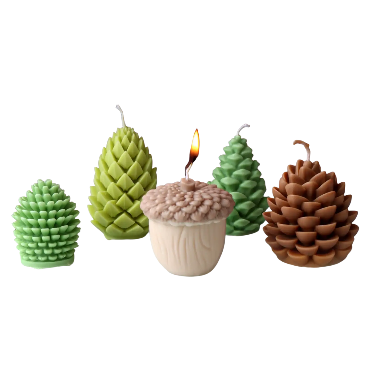 A lit beige and brown acorn candle made with pinecone candle silicone mold for handmade home decor gifts