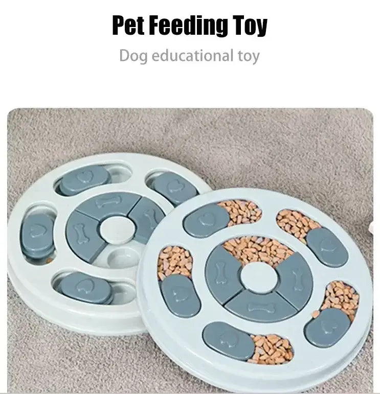 white and gray circular slow feeder interactive educational feeding dog toy with bone-shaped puzzle pieces for mental stimulation and slower eating