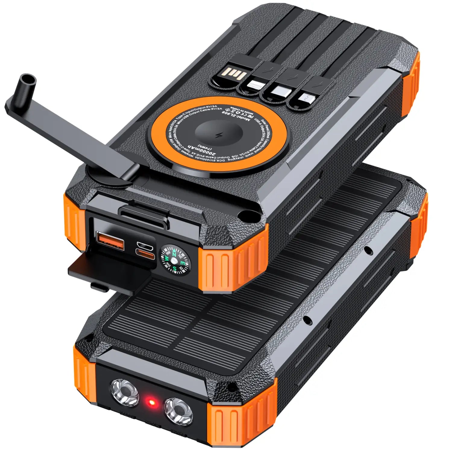 Robuste Solar-Powerbank in Schwarz und Orange, 100000 mAh, Handkurbel-Ladegerät mit integrierter Taschenlampe, USB-Anschlüssen, Kompass und kreisförmiger Ladefläche.