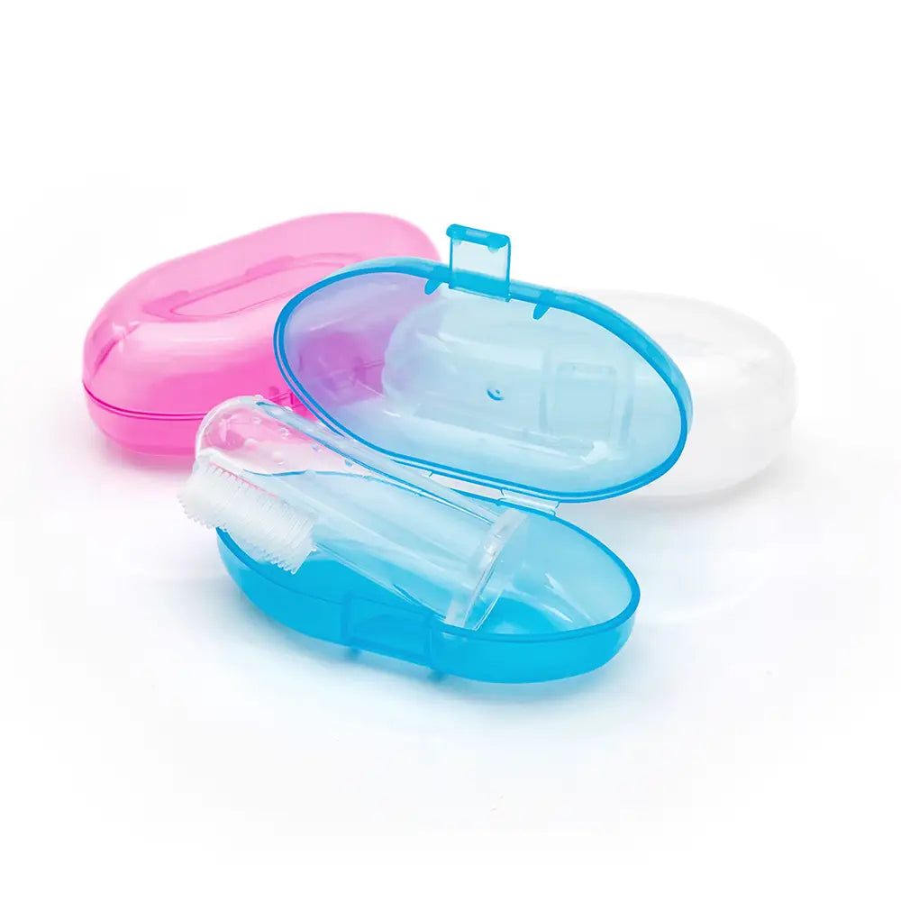 Transparente blaue Silikon-Babysfingernzahnbürste, BPA-frei, mit eingebauter Fingerbürste in einer Kunststoffbox