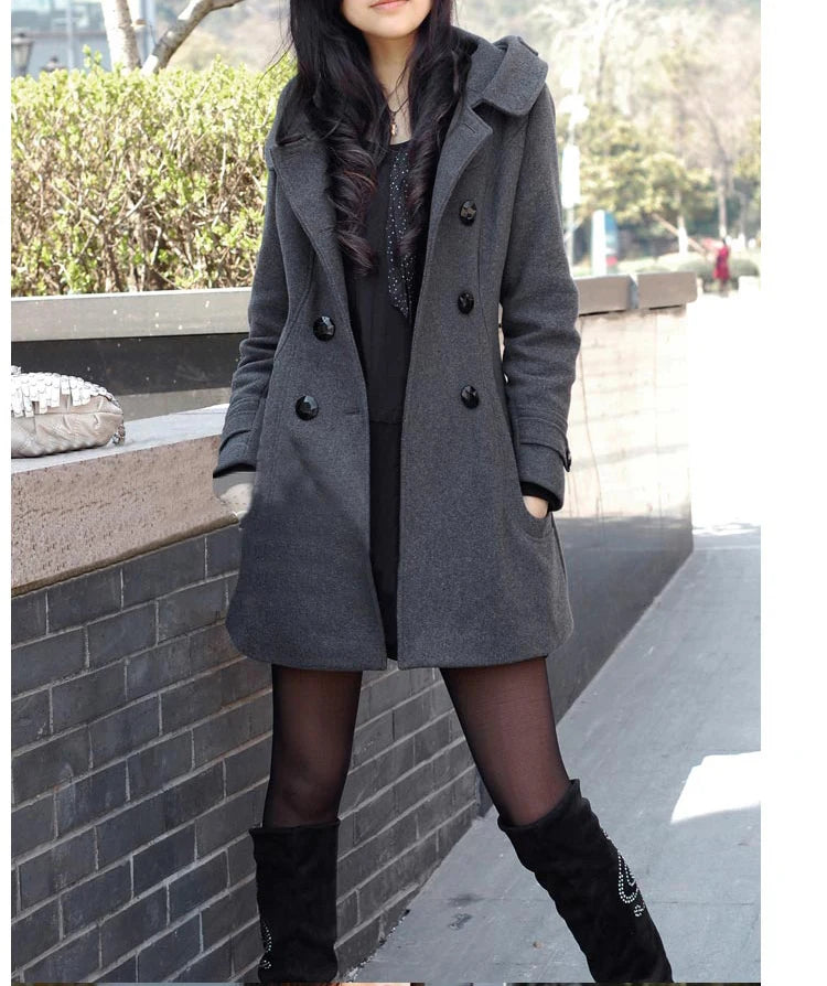 Fashion Winter Warm Mid-length Woolen Coat Women's Fall & Winter Long Sleeve Cotton Jacket with Hood  Double-breasted Outerwear