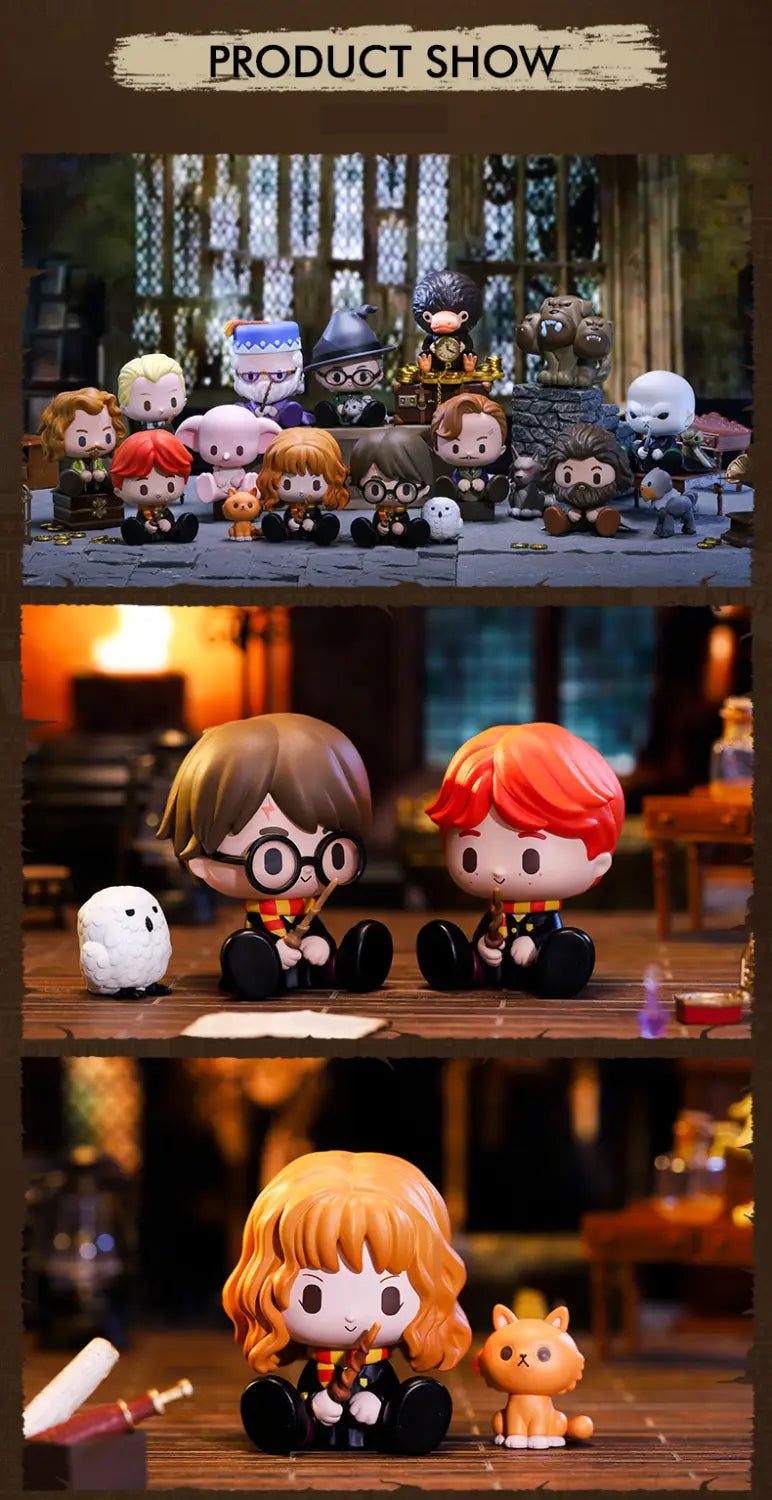 Figuras encantadoras tipo chibi de la caja ciega Pop Mart Harry Potter que presentan personajes coleccionables del mundo mágico en diseños estilizados, con expresiones detalladas y accesorios.
