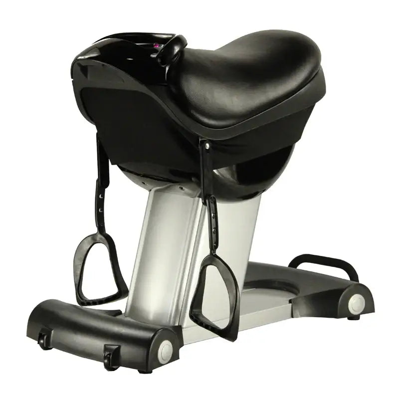 black saddle-style horse riding exercise machine with padded seat and metal frame for fitness equipment use