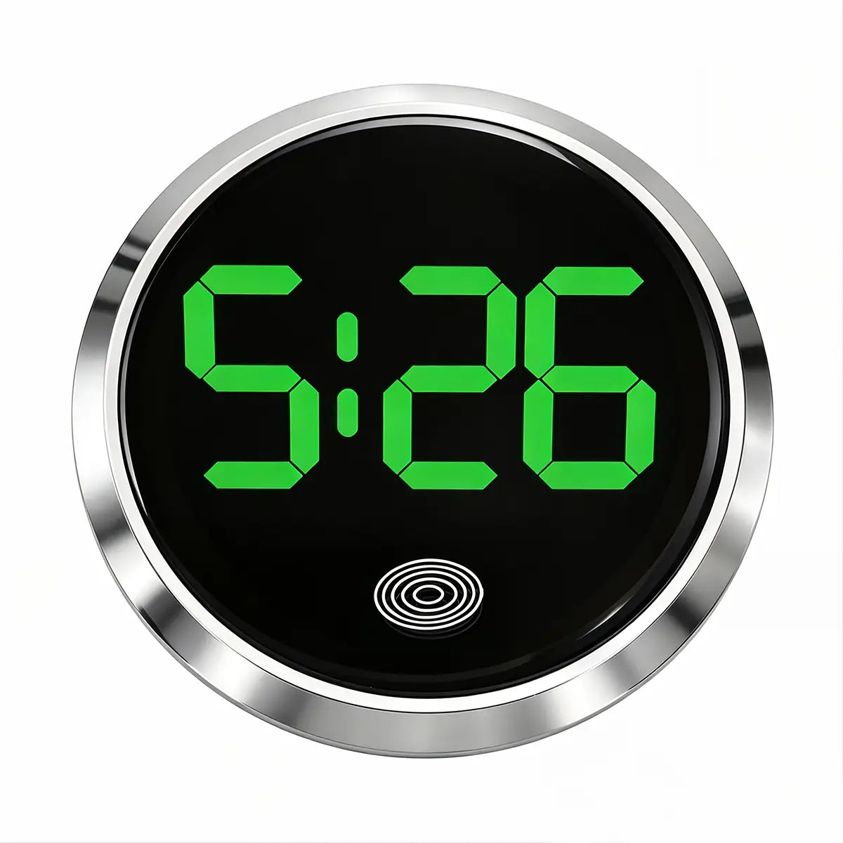 Car dashboard digital clock led touch display with a circular black face, bright green led numerals showing 5 26, and a sleek silver metallic frame.