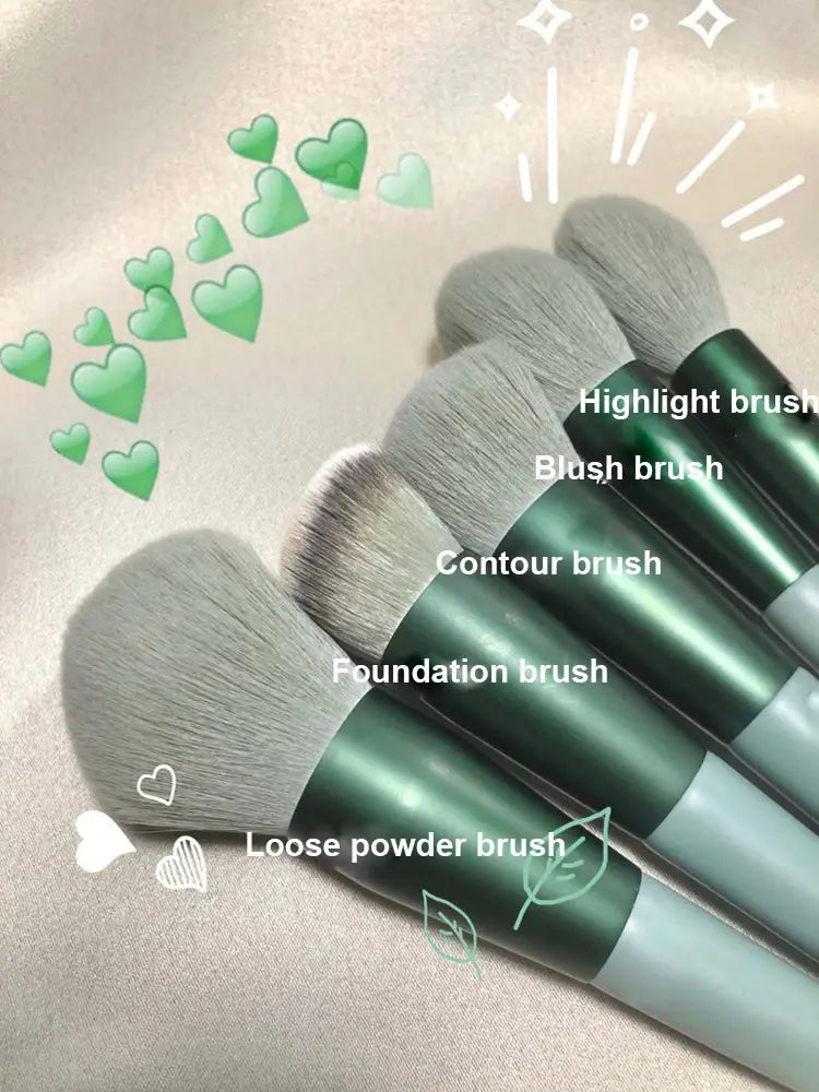 Set of five green and gray makeup brushes with labeled tips for foundation contour blush highlight and loose powder included in the Makeup Brushes Set 13 Pcs Rose Gold Cosmetic Brush collection.