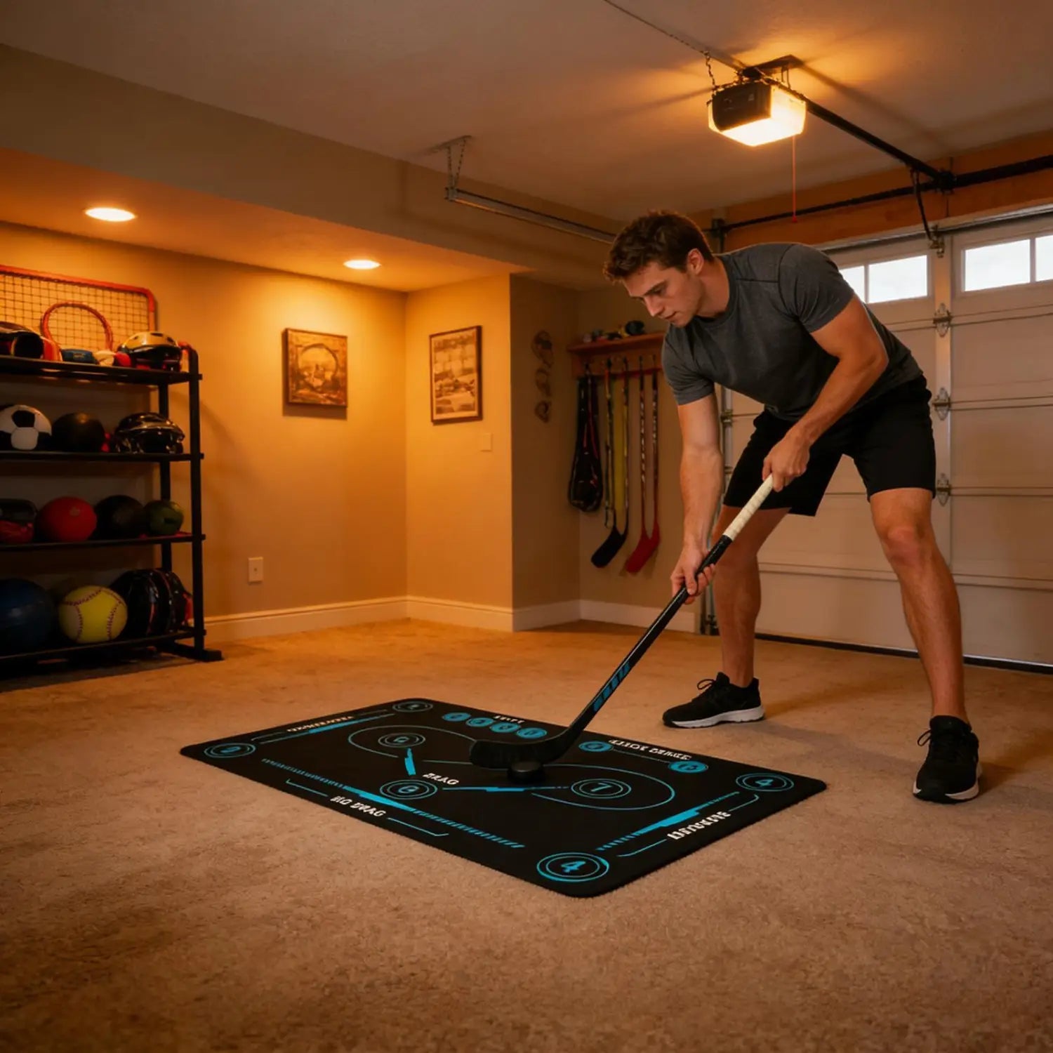 Black hockey training mat non slip stickhandling pad with teal glowing graphics and markings for enhanced practice.