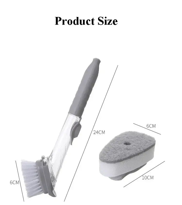 Brosse à vaisselle pour distribution de savon double face grise et blanche avec long manche en plastique transparent et fixation à éponge, pour un nettoyage efficace de la cuisine