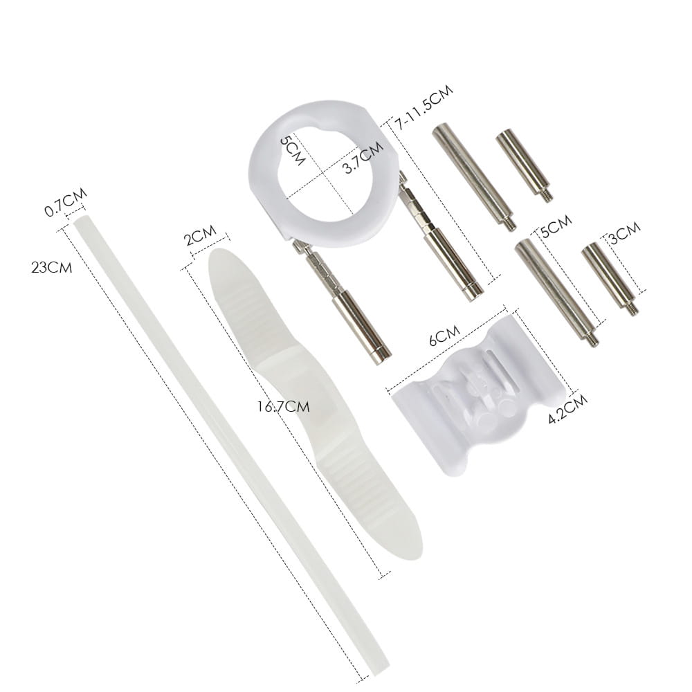 White plastic and metal adjustable strap assembly with various sized cylindrical connectors for home gym storage rack organizer for fitness equipment.
