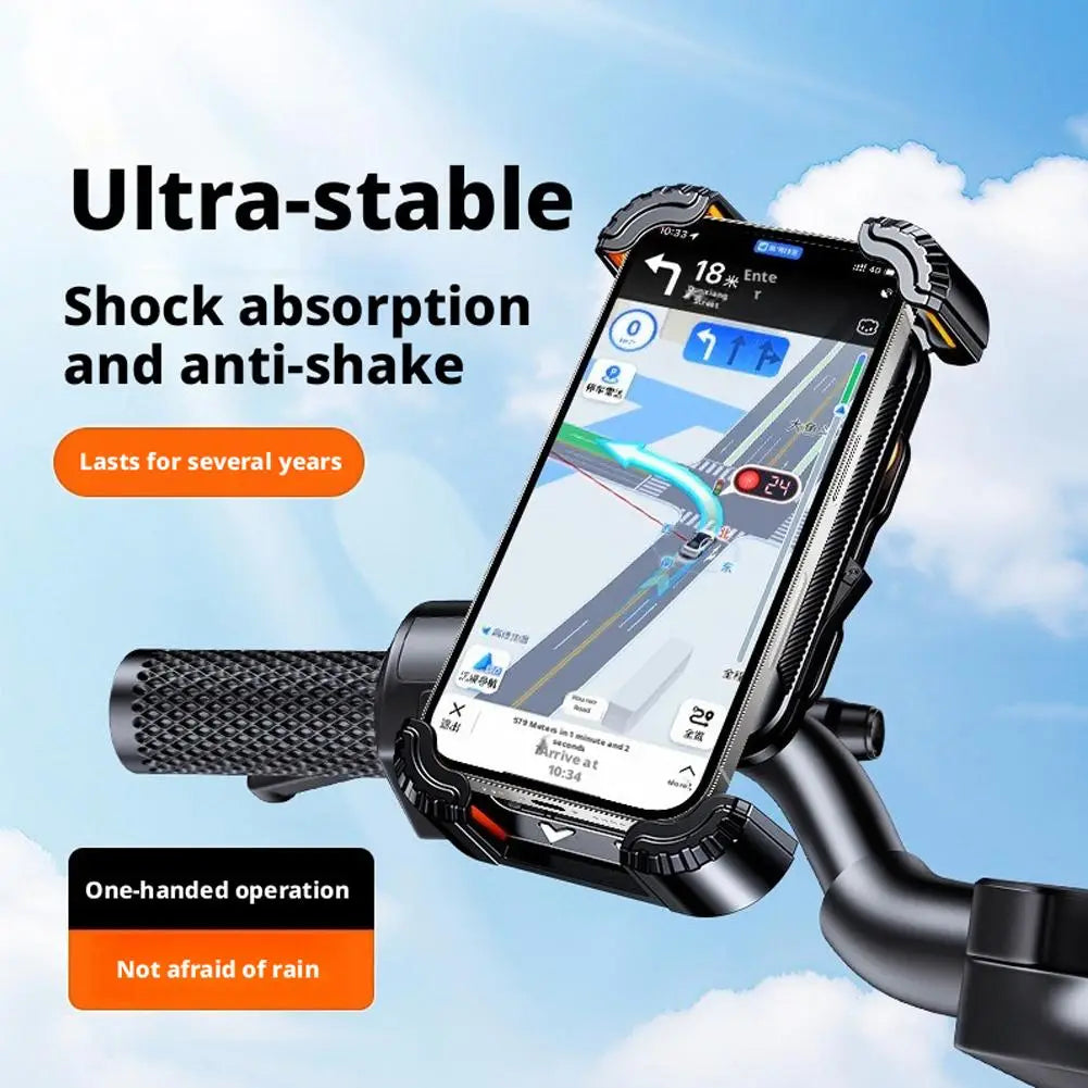 Schwarz robuster stoßdämpfender Motorrad-Phonehalter mit strukturierter Griffoberfläche und verstärkter Ausführung für einen sicheren Halt.