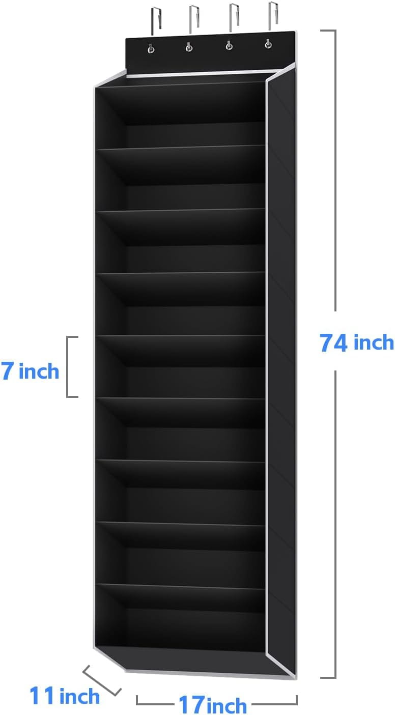 Organisateur de chaussures en tissu noir au-dessus de la porte, avec dix emplacements suspendus et un système de crochet monté en partie supérieure, conçu pour une utilisation au-dessus de la porte.