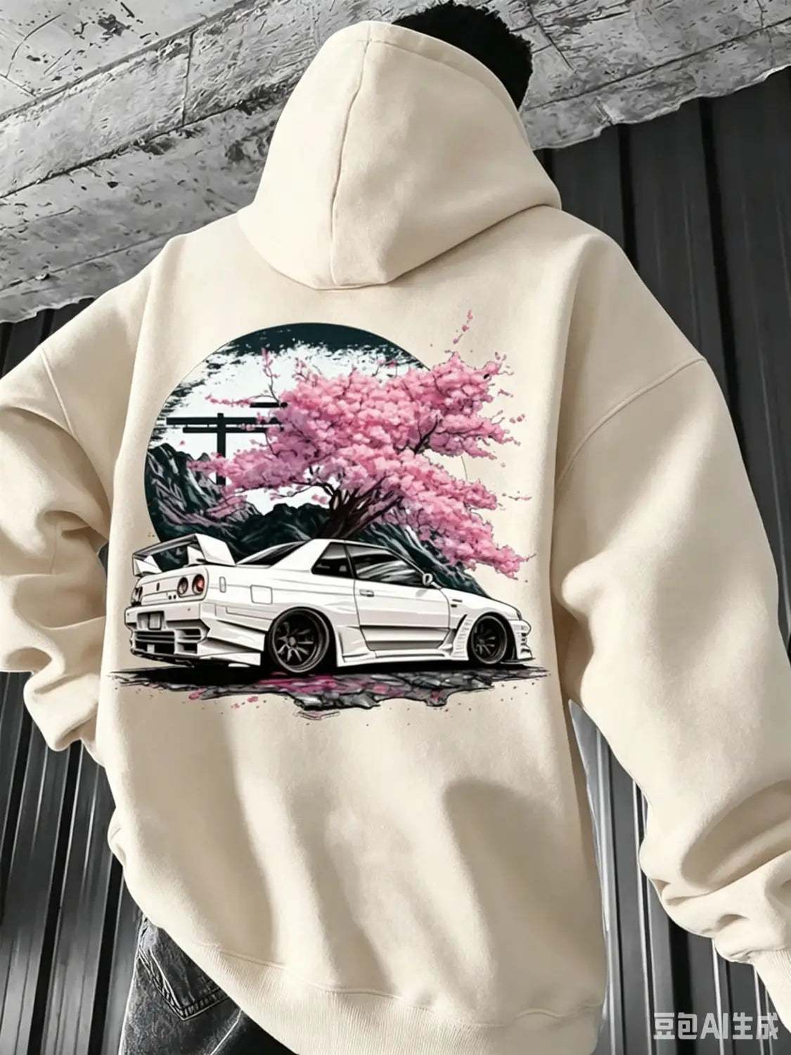 Cream-colored men hoodie made of soft material featuring a detailed graphic of a white JDM Skyline sports car under pink cherry blossoms against a dark circular backdrop.