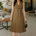 Women's Office Wear Pleated Midi Dresses Elegant Notched Lapel Double-Breasted Sleeveless Blazer Dress Summer Solid Robes Femme