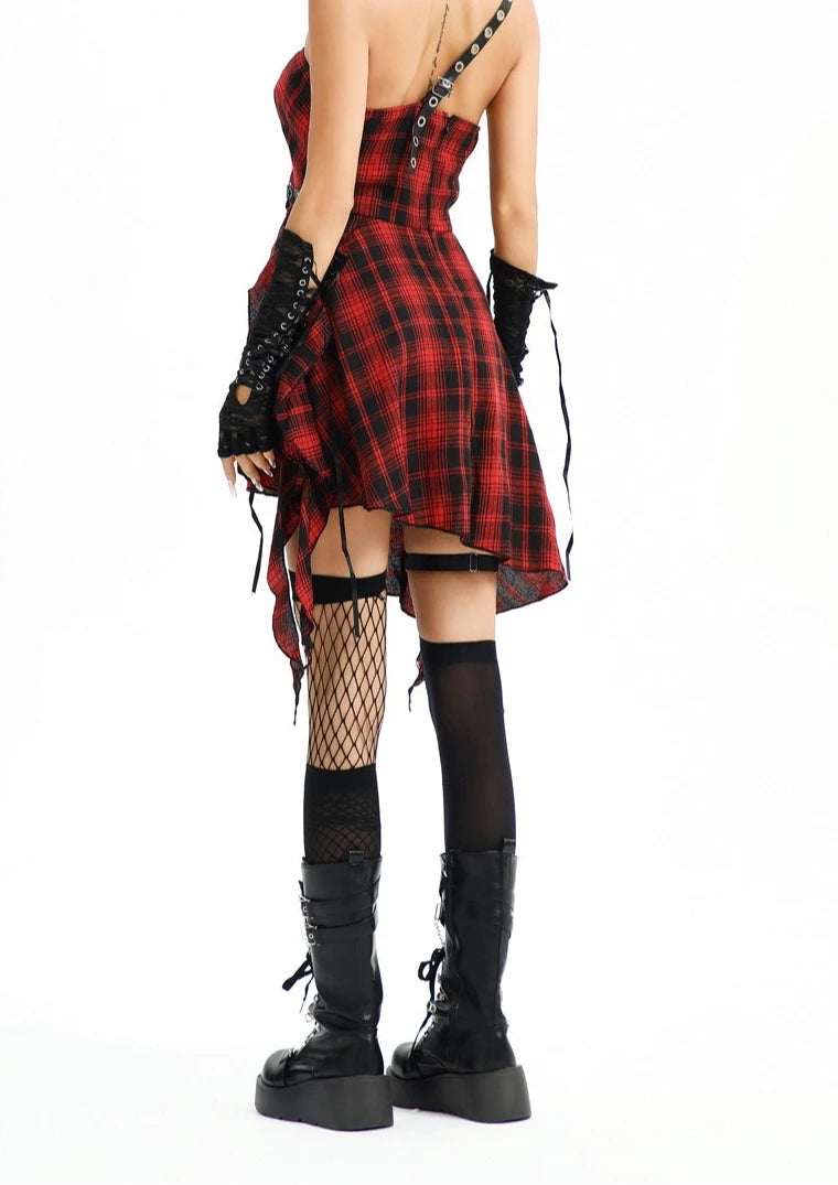 Dark Gothic Asian Culture Lace Punk Girl Style Dress with Sweet and Cool Y2K Red Checkered Performance Outfit cosplay
