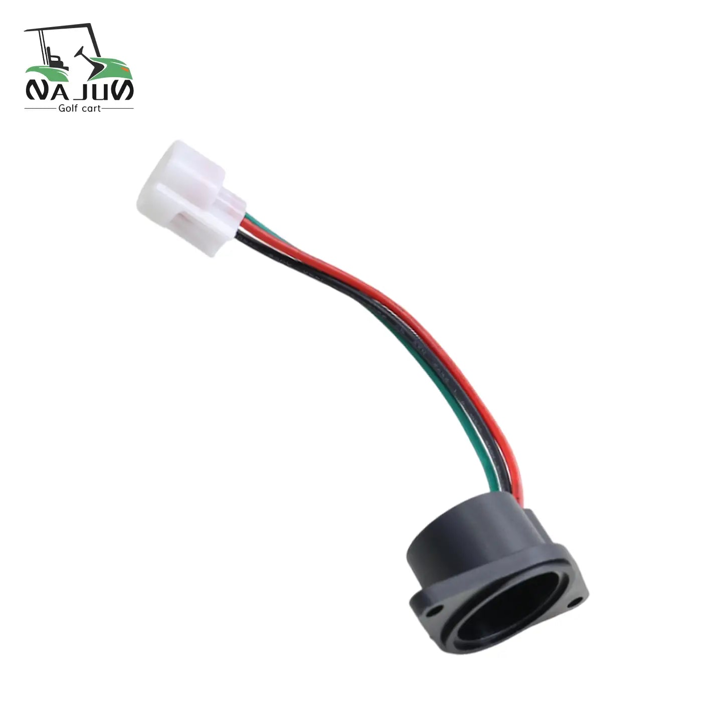 black plastic golf cart connector with white female plug and three color-coded wires red black and green for e-way golf cart speed sensor replacement