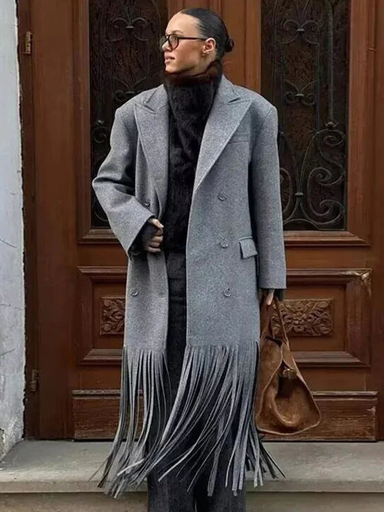 HH Women Winter Fashion Lapel Long Sleeve Woolen Jacket Female High Street Double Breasted Fringed Hem Decoration Pocket Coat