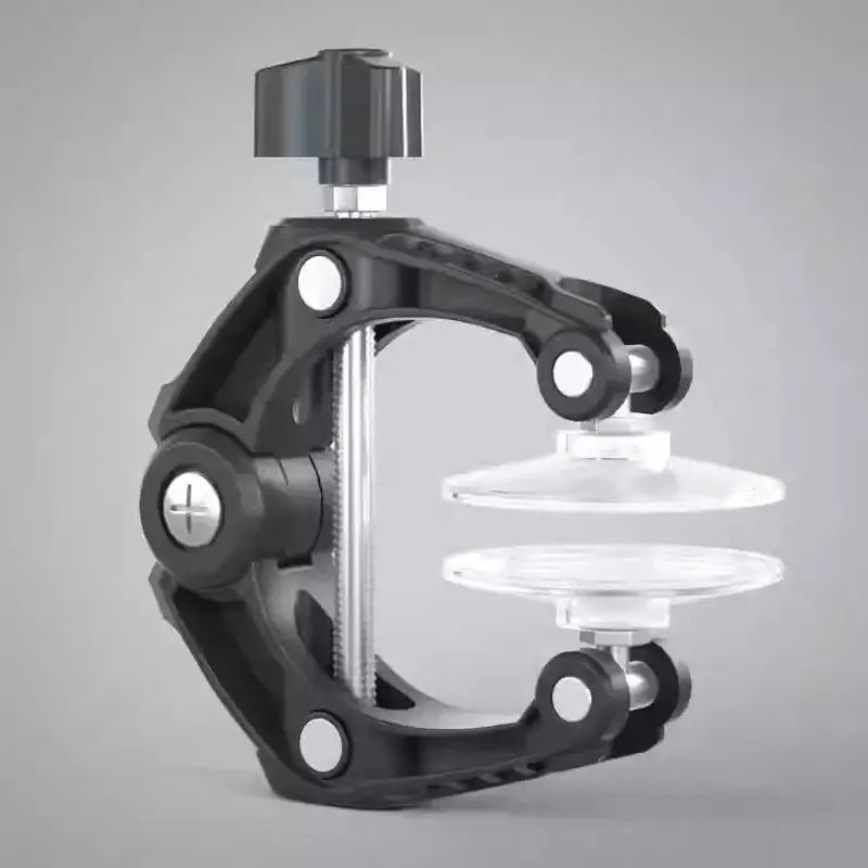 black plastic phone screen separator tool with clear acrylic plates and a knurled adjustment knob in minimalist style