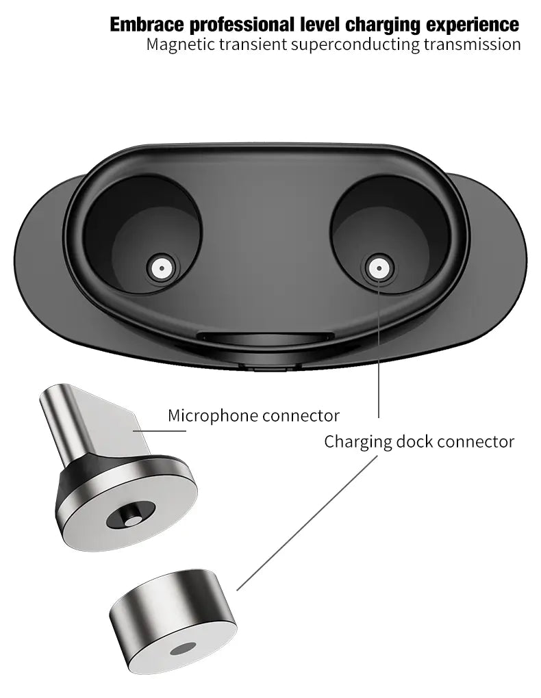 Boîtier de charge d’écouteurs sans fil noir avec deux compartiments circulaires et connecteurs argent métallique pour microphone et station de charge, dans une station de charge double sans fil de microphone de karaoké