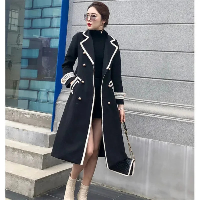 White Over the Knee Wool Coat Women's Mid-Length 2023 Autumn/Winter Hepburn Style Thickened Slim Black Double-Breasted Coat Z555