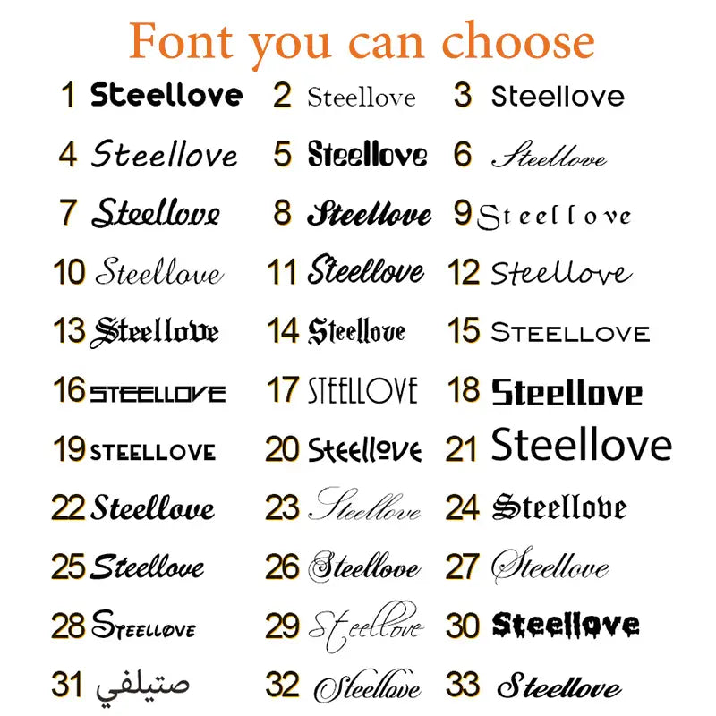 a personalized calendar keychain custom anniversary gift featuring a variety of steellove font styles in different weights sizes and script variations displayed on a metallic silver keychain