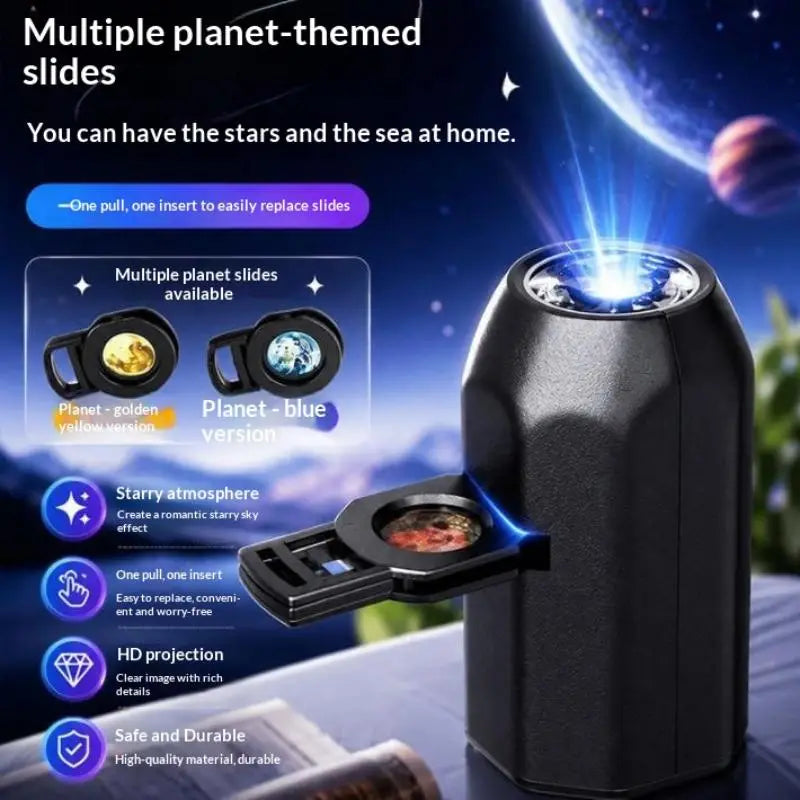 black cylindrical usb star galaxy projection lamp with metal gooseneck featuring a glowing blue night light and interchangeable celestial slide inserts powered by usb power