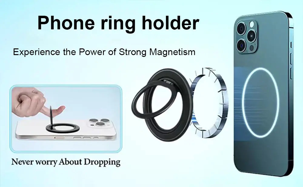 Portateléfono magnético con empuñadura y anillo para los dedos, con anillos magnéticos negro y plateado diseñados para un agarre seguro.