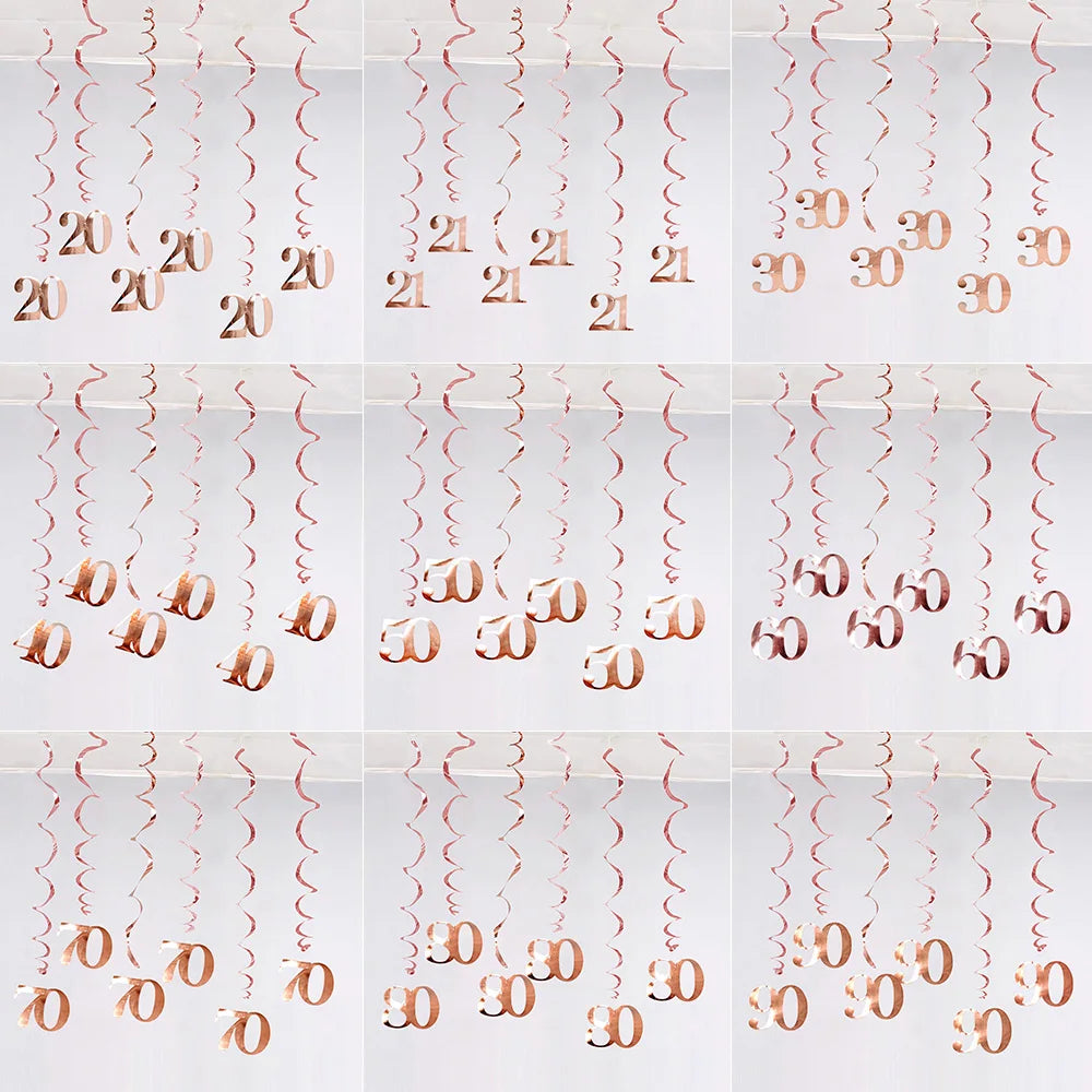 6Pcs/lot Happy Birthday Swirls Decoration 16 20 21 30 40 50 60 70 Years Rose Gold PVC Birthday Party Decorations Supplies
