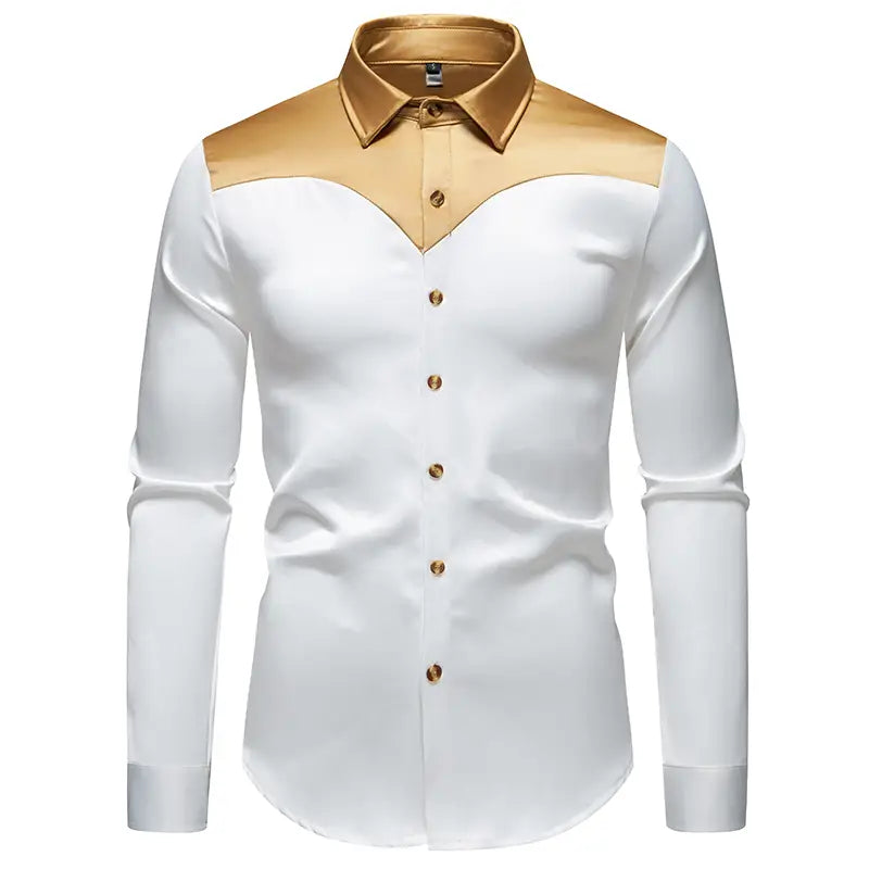 Herrenhemd mit goldfarbenem Besatz aus Satin in elegantem weißem Satin mit kontrastierendem goldfarbenem Kragen und passenden Knöpfen in einem modernen Zweifarben-Design.