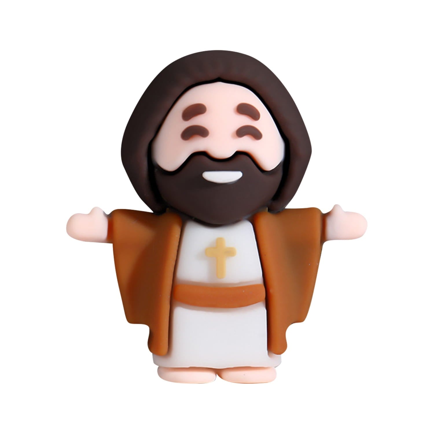 Cute brown and white mini Jesus figurine with a smiling face beard long hair and outstretched arms wearing a robe adorned with a golden cross from a set of 10 Easter party favors.
