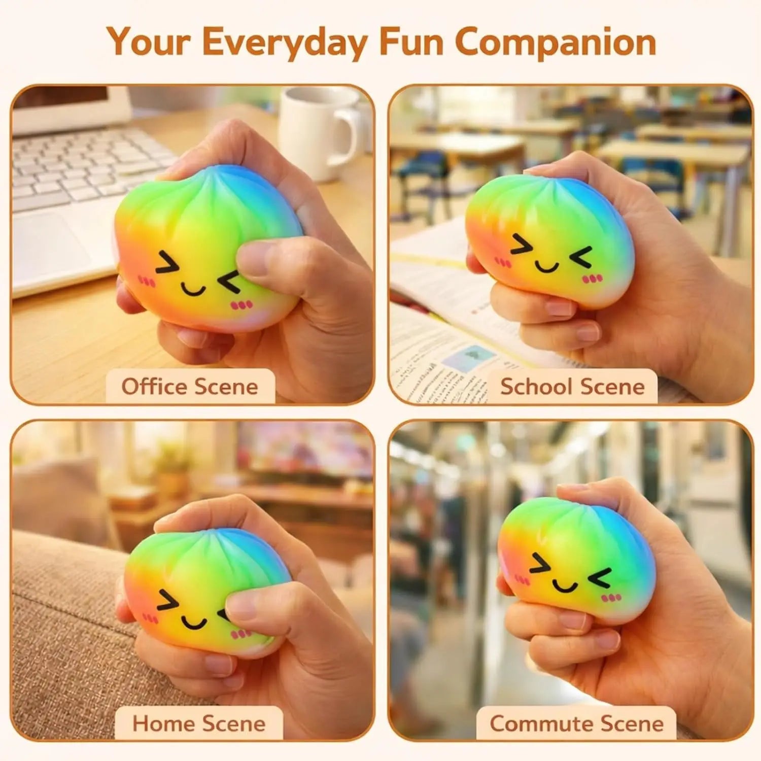 Frontansicht eines regenbogenfarbenen Knödel-Soft-Squish-Stressabbau-Spielzeugs mit einem niedlichen lachenden Gesicht-Design.