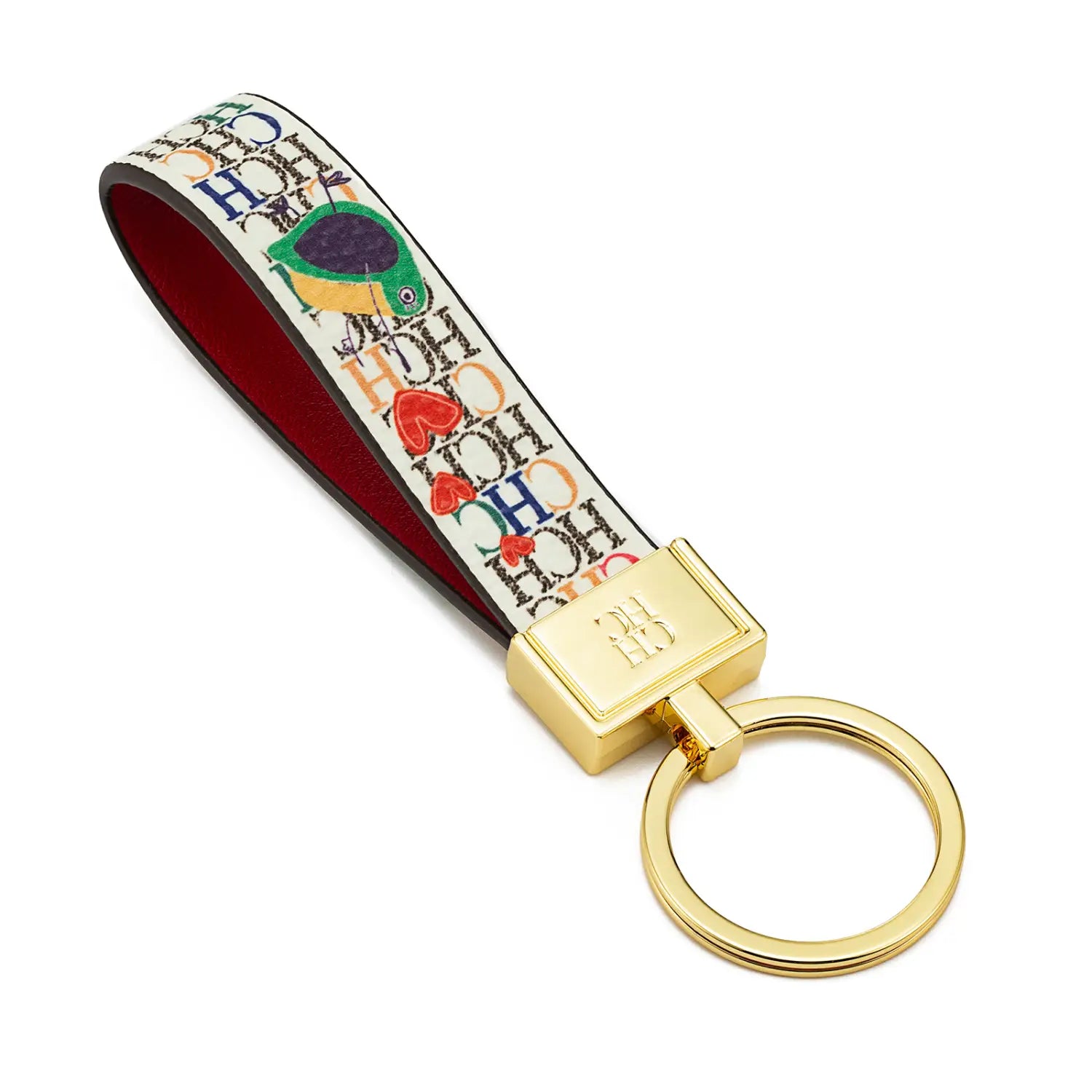 A colorful patterned leather logo keychain with a gold-tone metal ring and clasp featuring the b.b. logo designed as a fashion accessory gift.