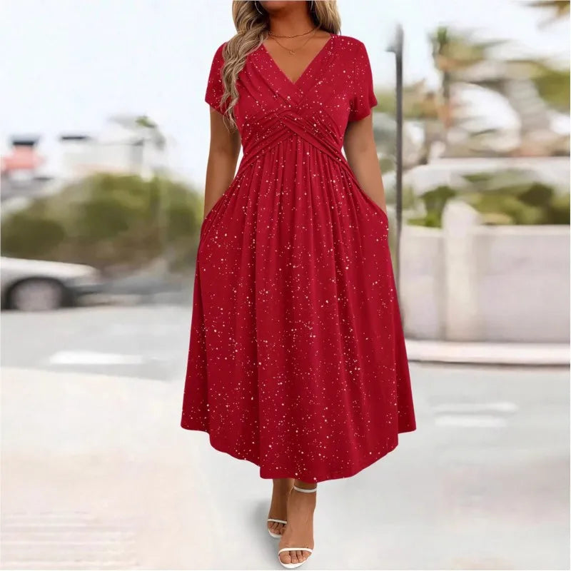 Vestidos De Mujer Casuales V Neck Short Sleeve Pocket Hem Elegant Dress Women's Summer New Formal Evening Fashion Hem Long Dress