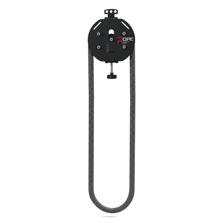 Black carbon fiber rope with a circular metal mounting plate featuring the rope logo for the commercial rope climbing machine with adjustable resistance.