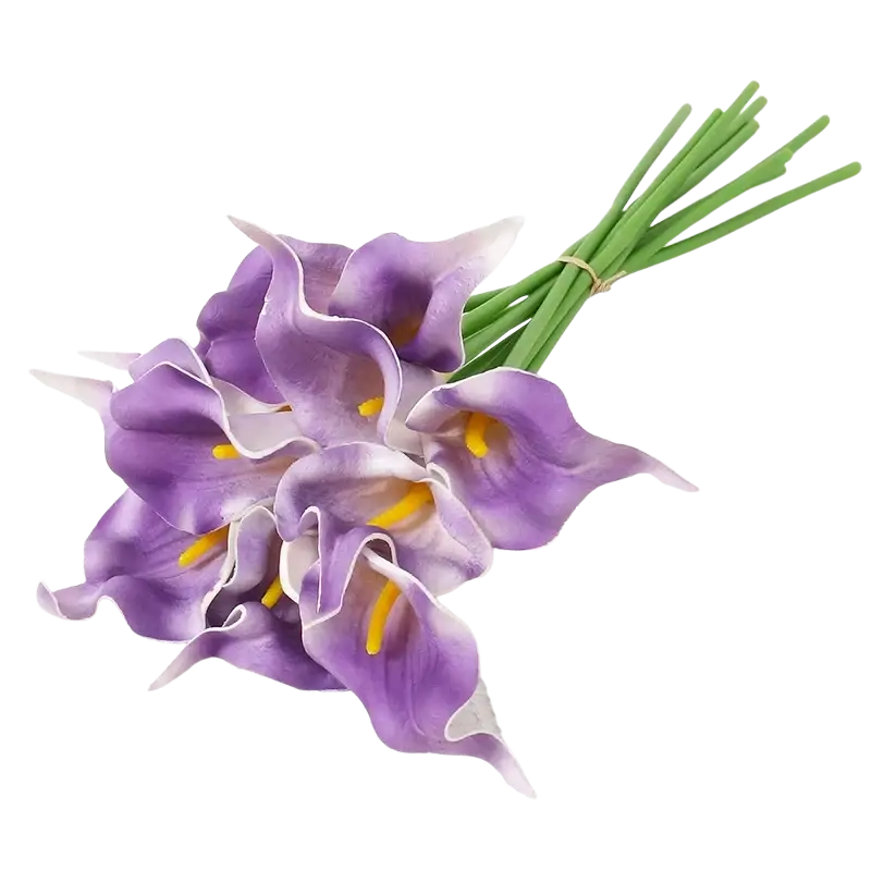 A front view of a purple calla lily flower bouquet with yellow centers and green stems tied together for decoration