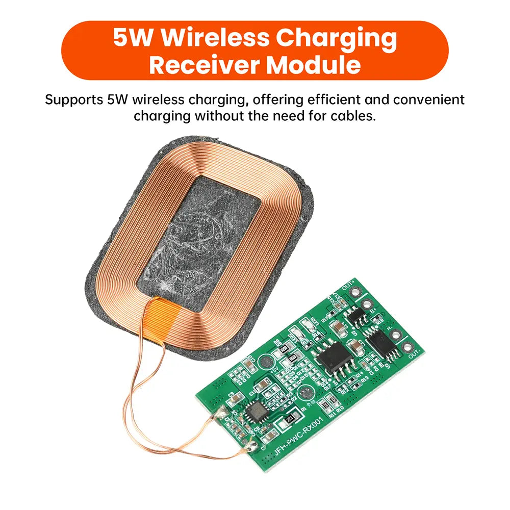 5w wireless charging receiver module with copper coil on green circuit board for 3.7v battery.