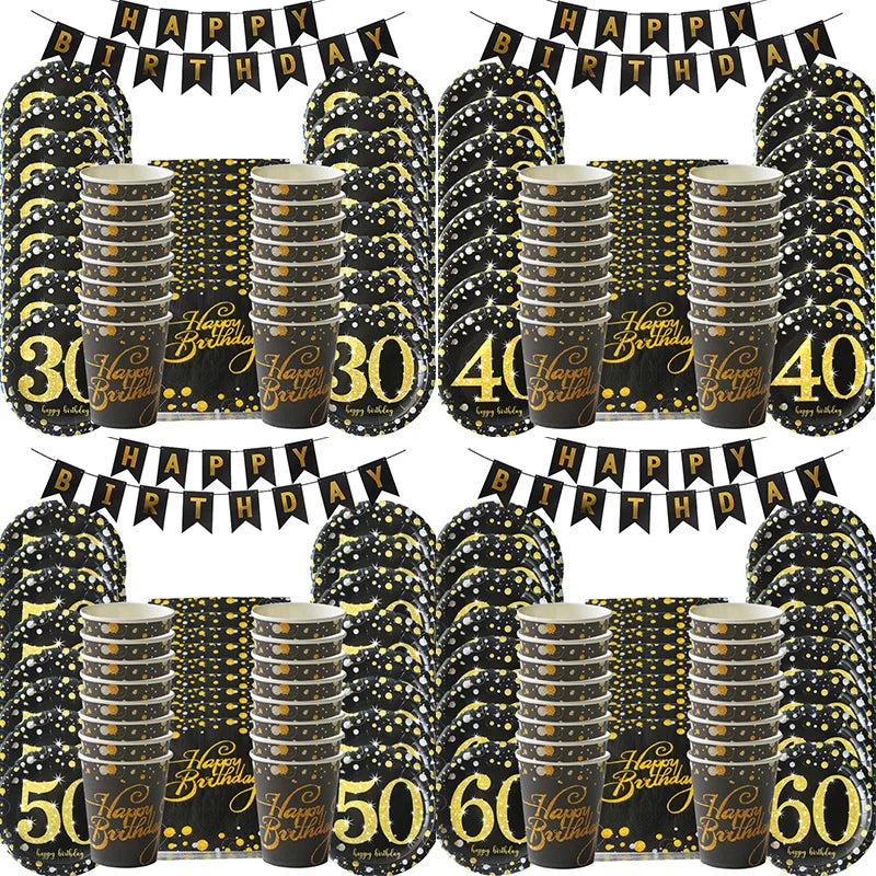 1set 30th 40th 50th 60th Years Old Happy Birthday Disposable Tableware Set Paper Plate Cup Napkin Anniversary Decor Supplies