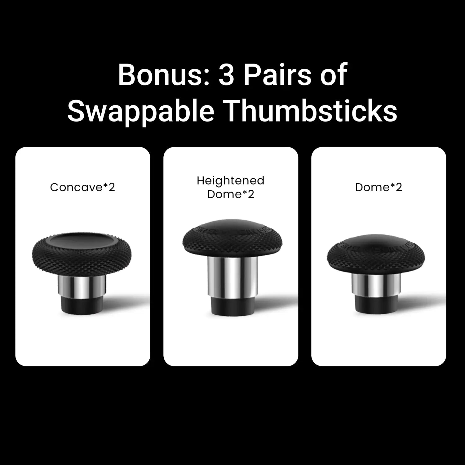 Black textured thumbsticks with metallic silver bases in concave heightened dome and standard dome designs from the Gamesir G7 Magnetic Faceplate and Accessories Kit.