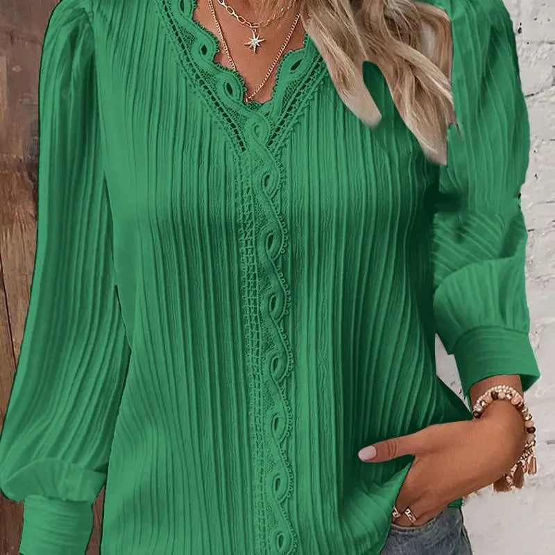 Elegant Women's Long Sleeve Shirts 2025 Autumn V-neck Lace Patchwork Shirt Women Tops Blusas Mujer Блузки Blusen Damen