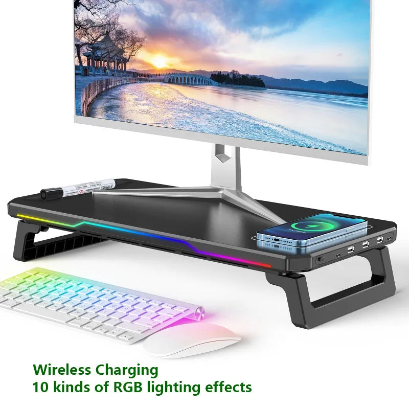 Wireless Charging Computer Stand with RGB Light Monitor Stand Office Docking Station Multifunctional Foldable Desktop Organizer