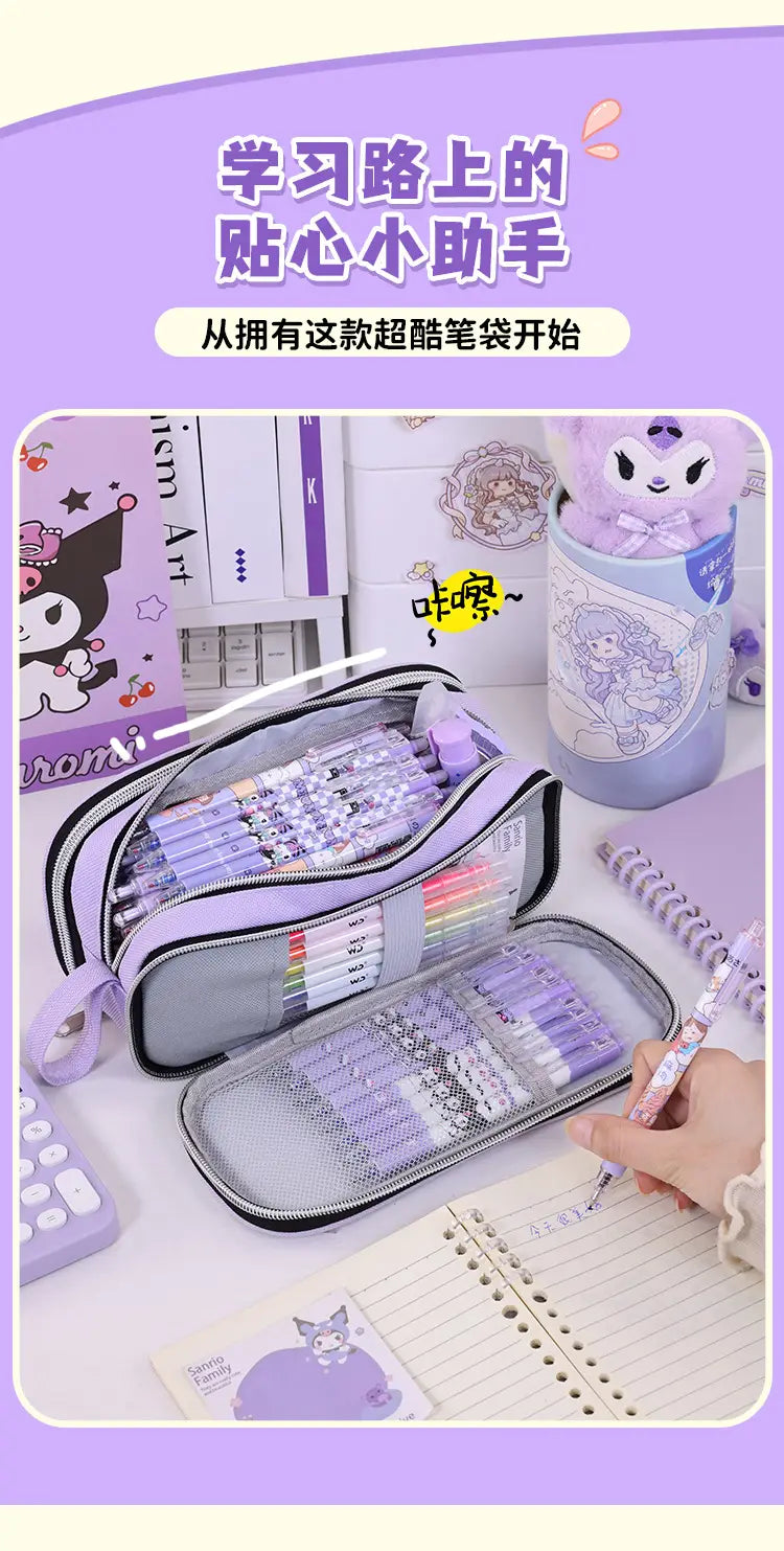 Großer Stifttaschen-Organizer mit hoher Kapazität in Flieder, Stationery-Organizer in Lila und Grau mit zwei Fächern und transparenten Mesh-Seiten, gefüllt mit passenden lila Markern.