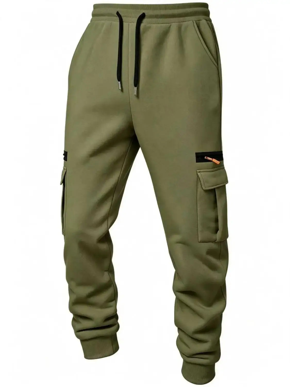 Joggers cargo olive vert décontractés, amples, droits et bouffants d’hiver pour hommes, avec des cordons de serrage noirs et une petite tirette de fermeture éclair orange sur la poche latérale