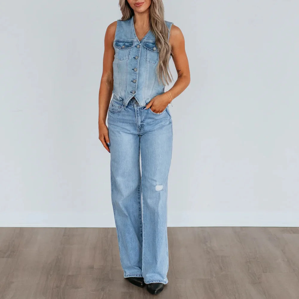 Women's Casual Denim Vest Chic Light Wash Sleeveless Button Front Crop Waistcoat Streetwear