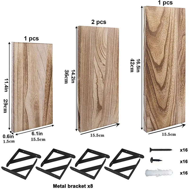 Ensemble de trois panneaux d’étagères murales flottantes en bois servant de rangement, avec des supports et des vis en métal pour un montage mural, comme élément décoratif pour le rangement du salon.