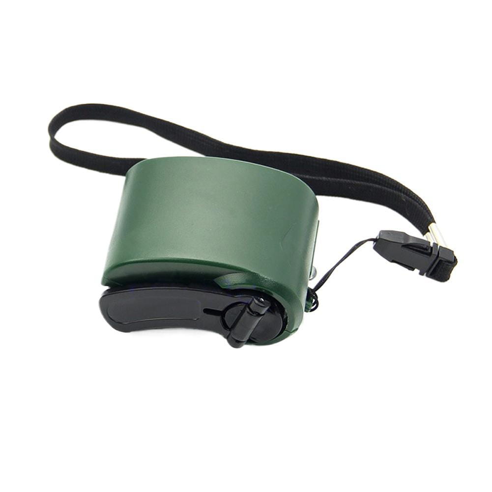 Green plastic hand crank emergency phone charger with black cap and strap designed to recharge cell phone battery in emergencies.