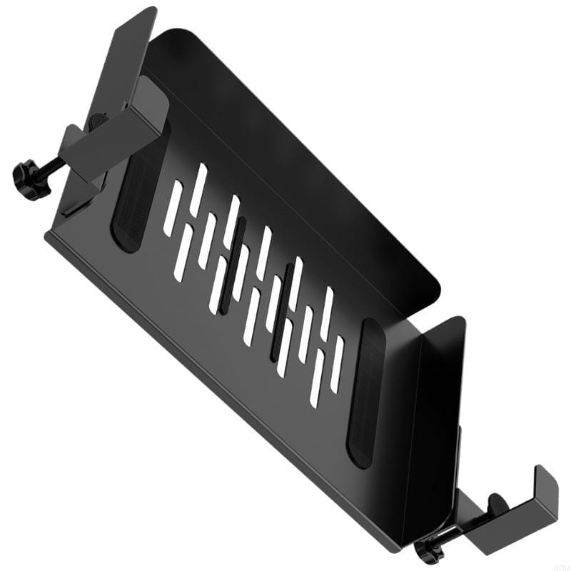 Black metal under desk laptop tray with sleek angular design and vertical slotted ventilation openings for cable management and organization.