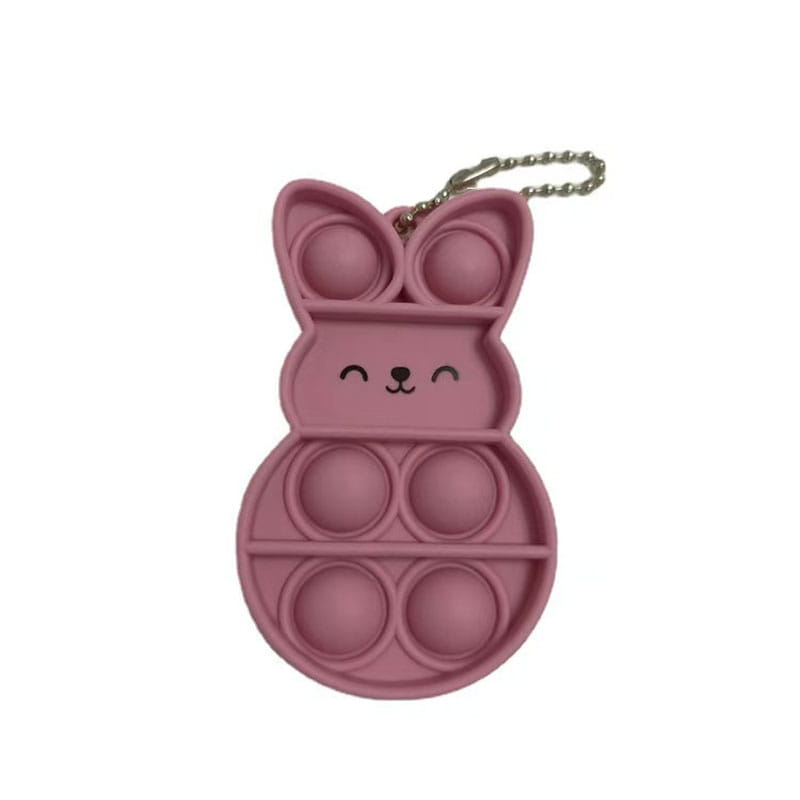 Pink bunny-shaped pop it fidget keychain with a silver chain for portable sensory play and stress relief.