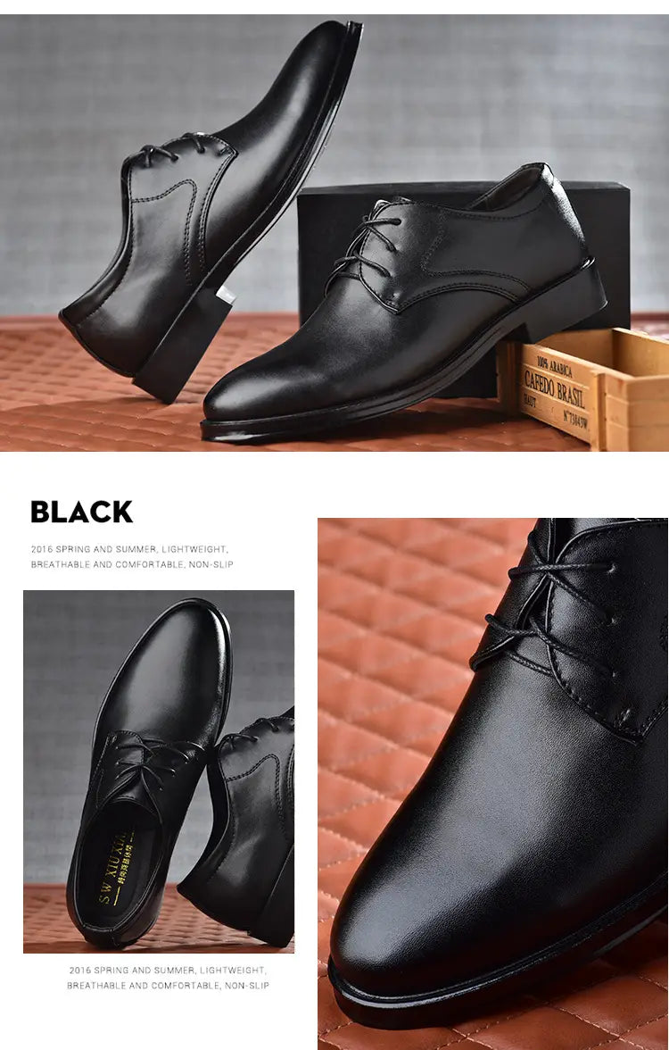 Herren-Lederschuhe vom Typ Oxford aus schwarzem Leder mit einer eleganten, spitz zulaufenden Vorderkappe und klassischem Schnürdesign